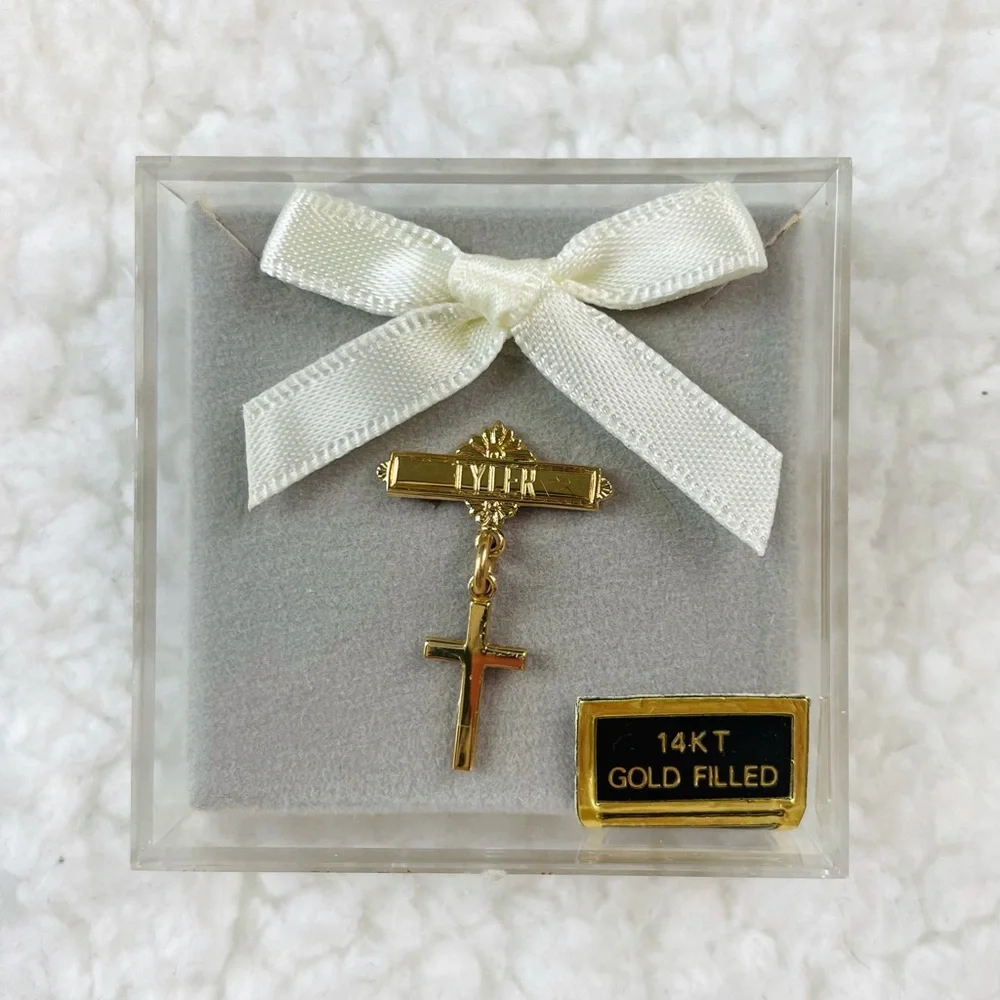 (VTG) 14K Gold Filled Tyler Name and Cross Baby Pin
